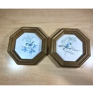 2‎ Vintage Octogon Chickadee Prints Forest Fruit & Flowers Framed
